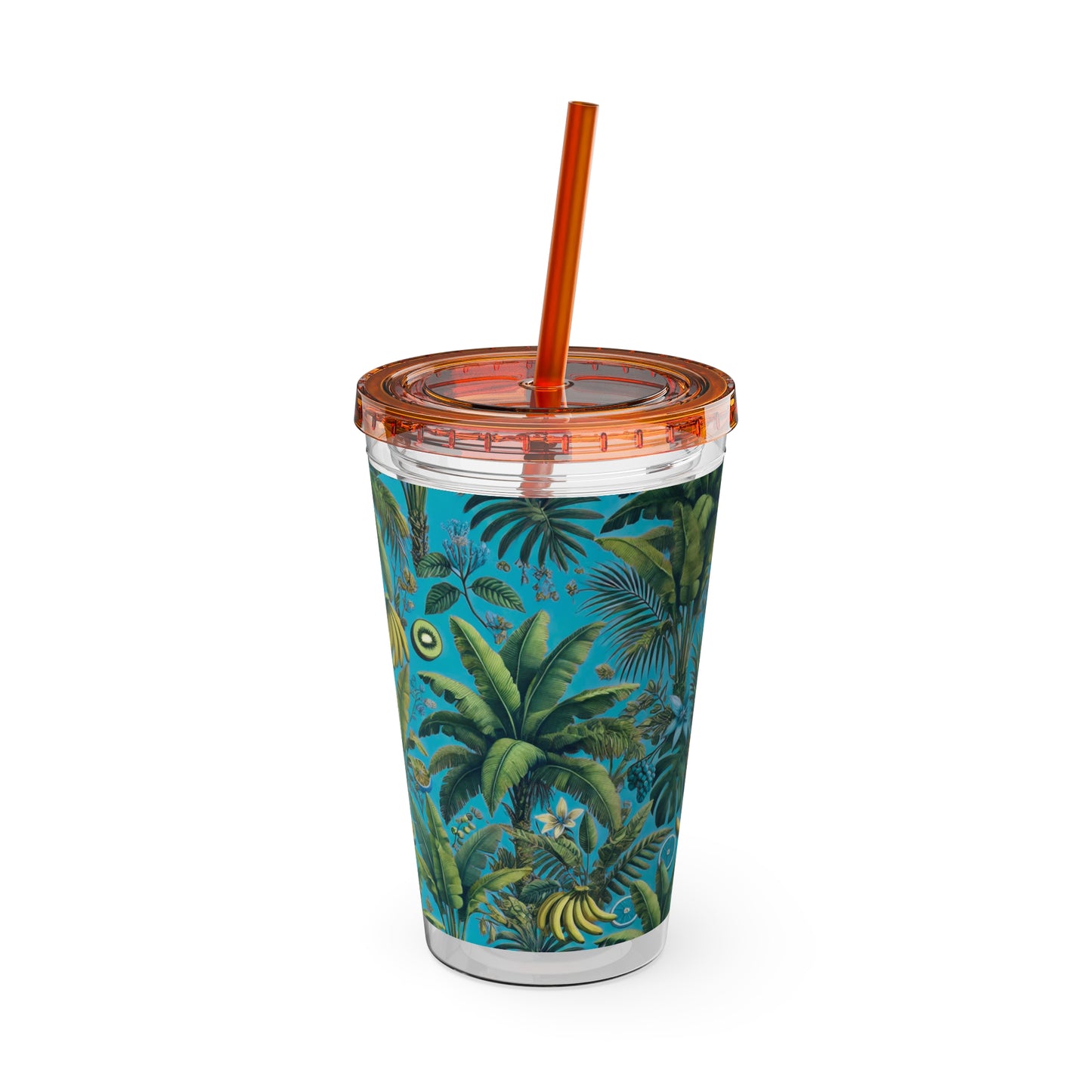 Tropical Tumbler with Straw | 16oz Colorful Travel Cup / More Tropical Fruit, Aqua Blue
