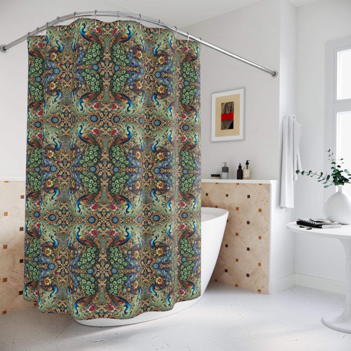 \Tropical Shower Curtain - Rainforest Bathroom Decor / Kaleido Peacock Royals