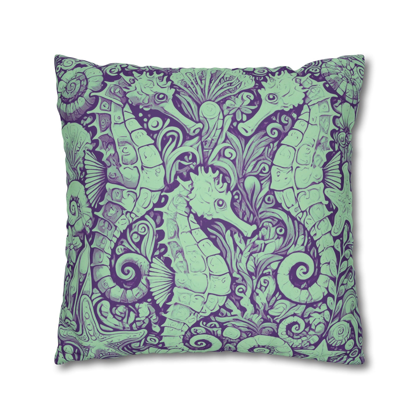 Faux Suede Square Pillowcase - Seahorse Trio, Minty