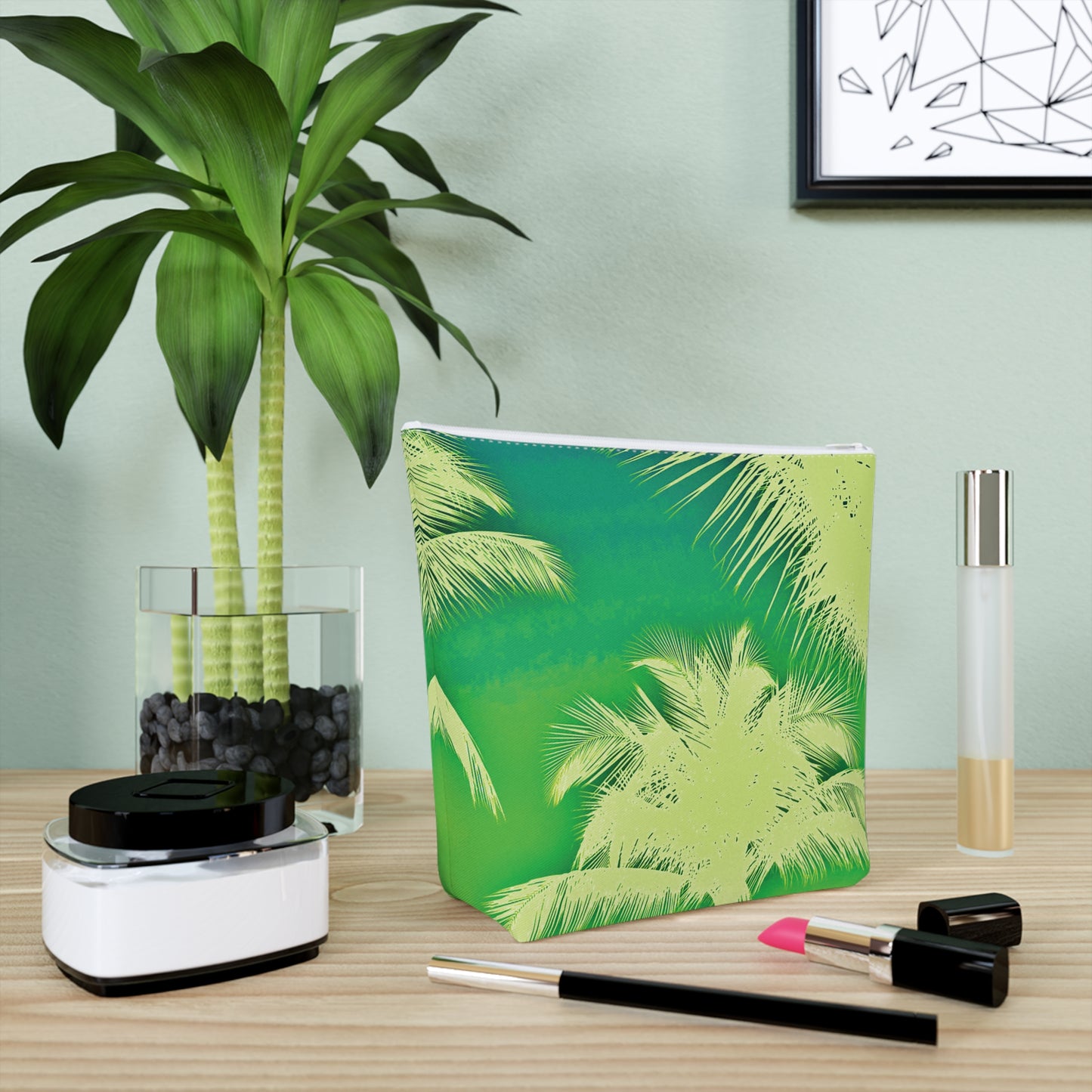 Tropical Cotton Cosmetic Bag, Makeup Pouch, 5 Sizes / Palm Glow, Green