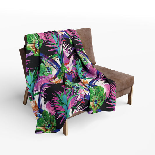 Black Plant Palooza Fleece Blanket - Colorful Tropical Botanical Design