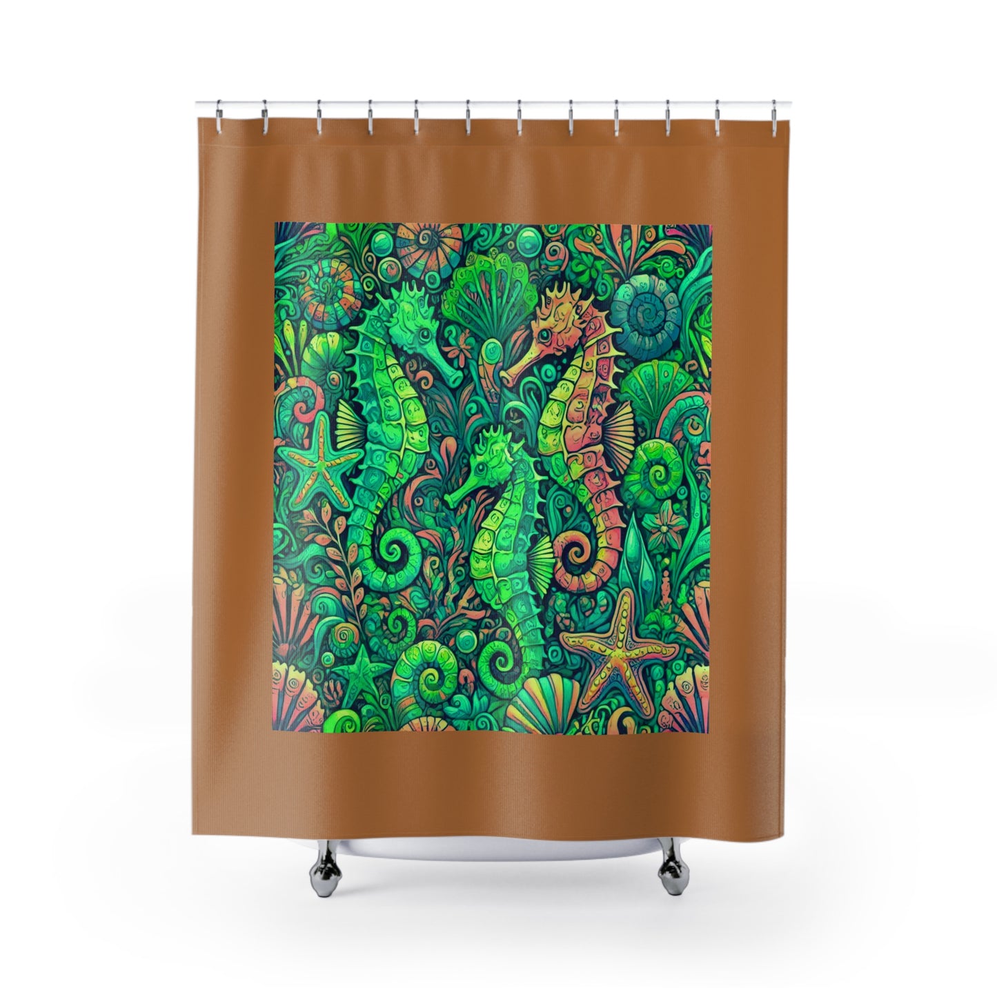 Tropical Shower Curtain - Ocean Bathroom Decor / Seahorse Trio Hot Lime/Light Brown