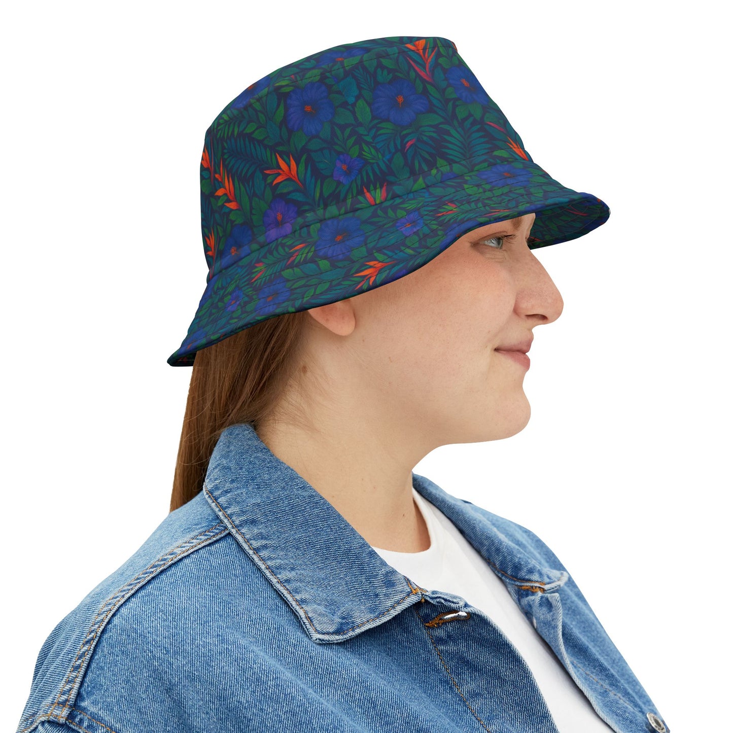 Tropical Polyester Bucket Hat, 2 Sizes - Midnight Flower Navy