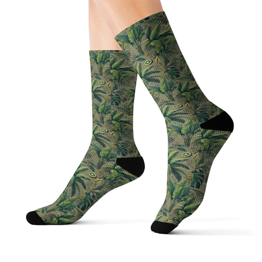 More Tropical Fruit/Taupe. Sublimation Fleece-Lined Socks - Colorful Tropical Design
