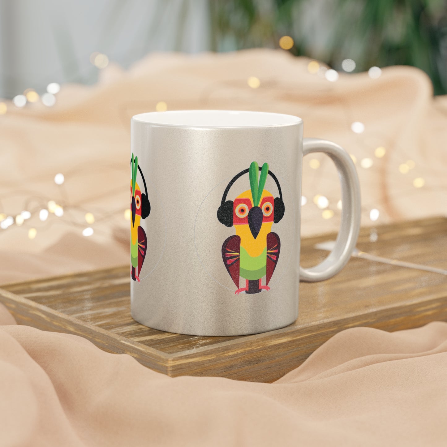 Colorful Tropical Metallic Mug, Gold or Silver - Rockin' Out Parrot