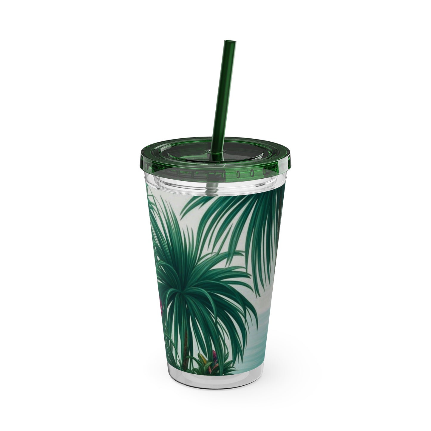 Tropical Tumbler with Straw | 16oz Colorful Travel Cup / Tiny Palm Island