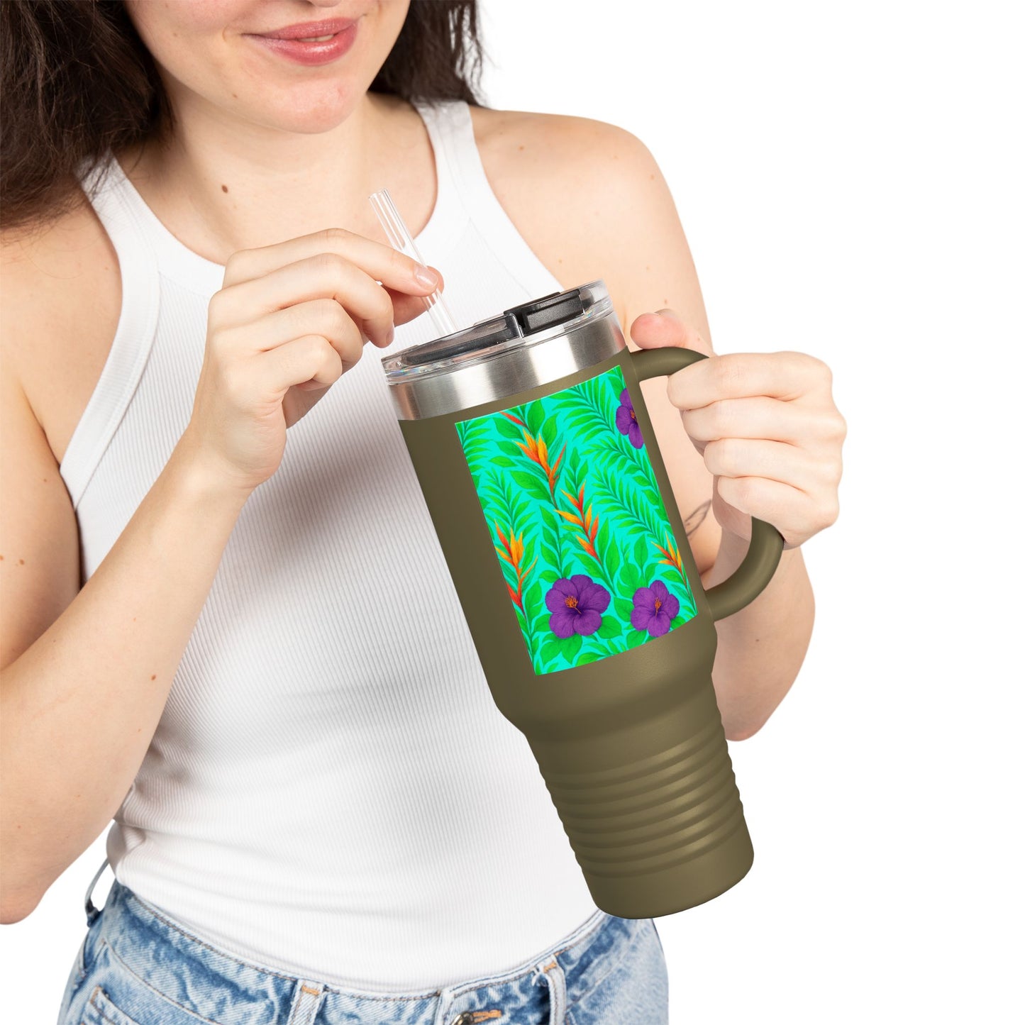 Midnight Flower Green Insulated Travel Mug - 40oz - Perfect for Outdoor Adventures