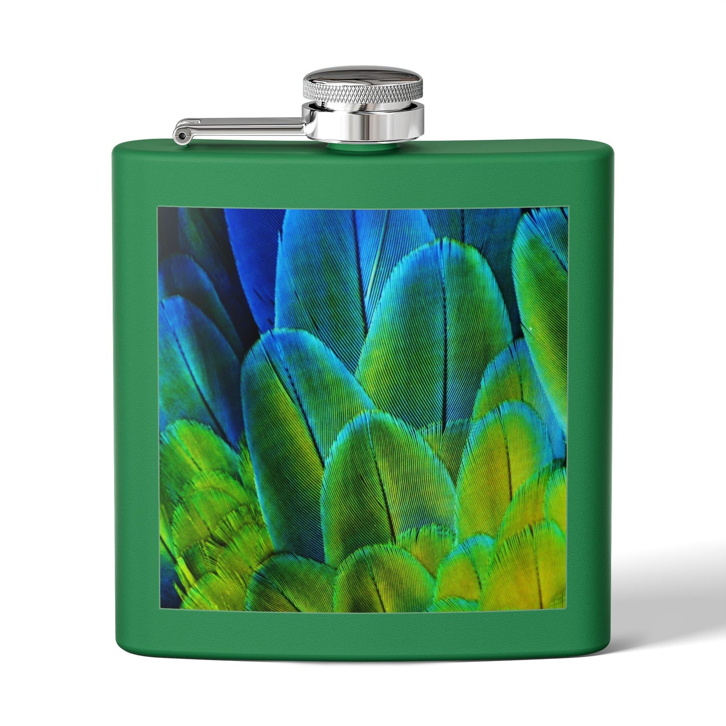 Tropical Stainless Steel 6 oz. Flask, Many Colors  – Shimmering Peacock Plumes