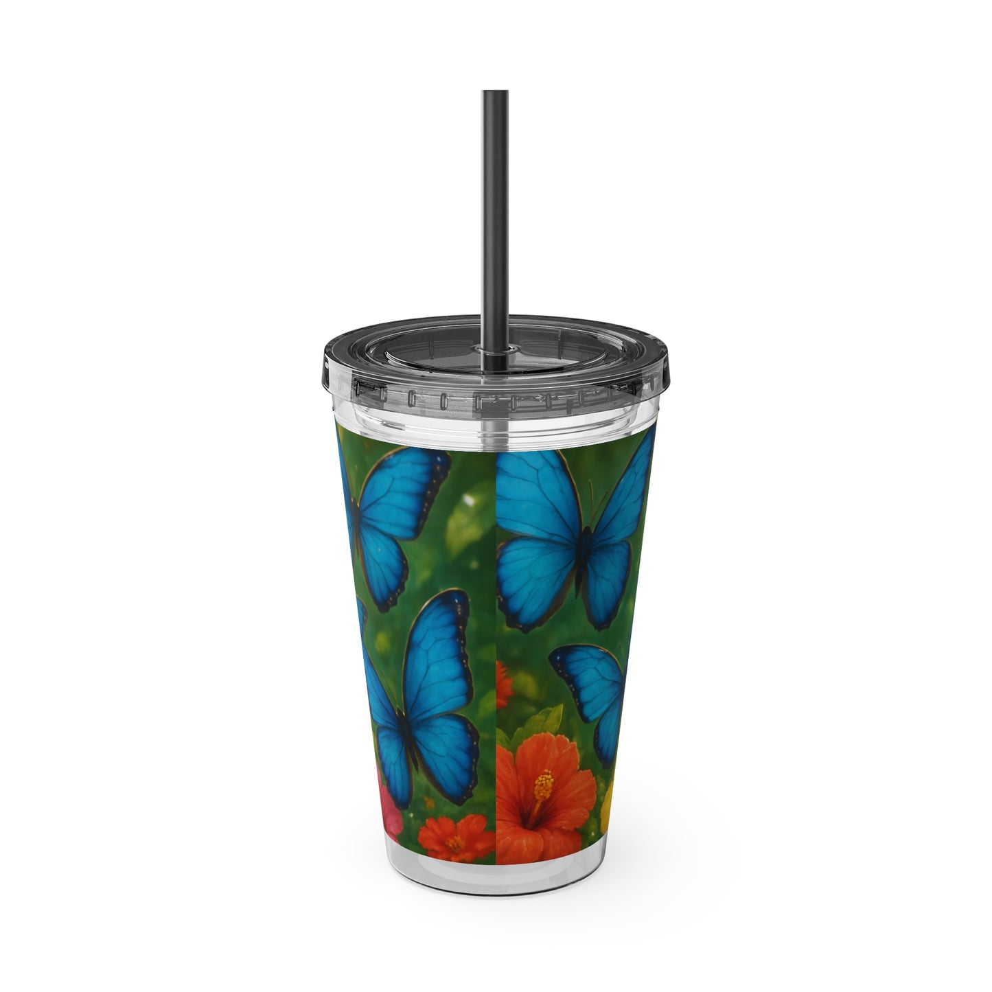 Tropical Tumbler with Straw | 16oz Colorful Travel Cup / Morpho Butterflies Flight