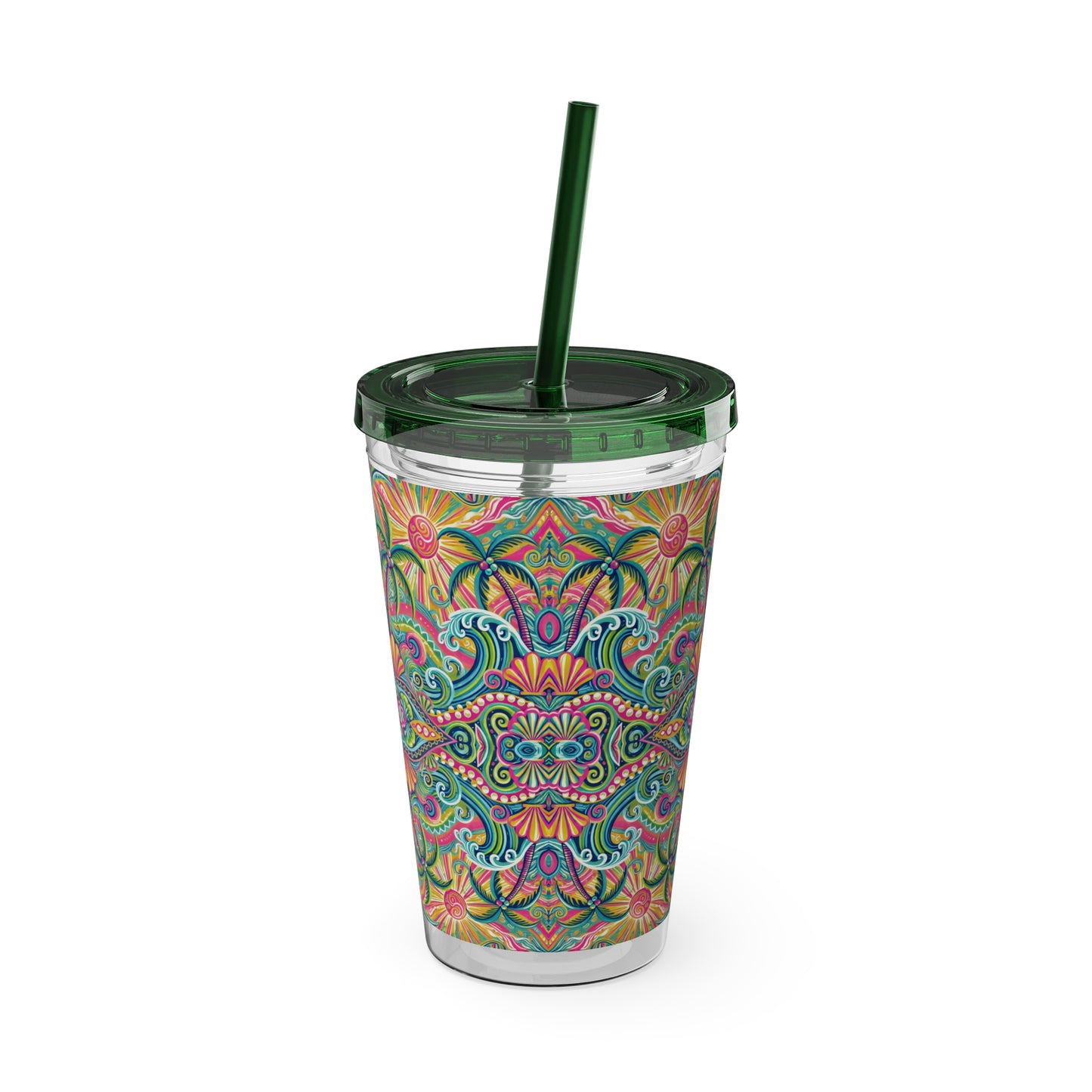 Tropical Tumbler with Straw | 16oz Colorful Travel Cup / Kaleido Bay