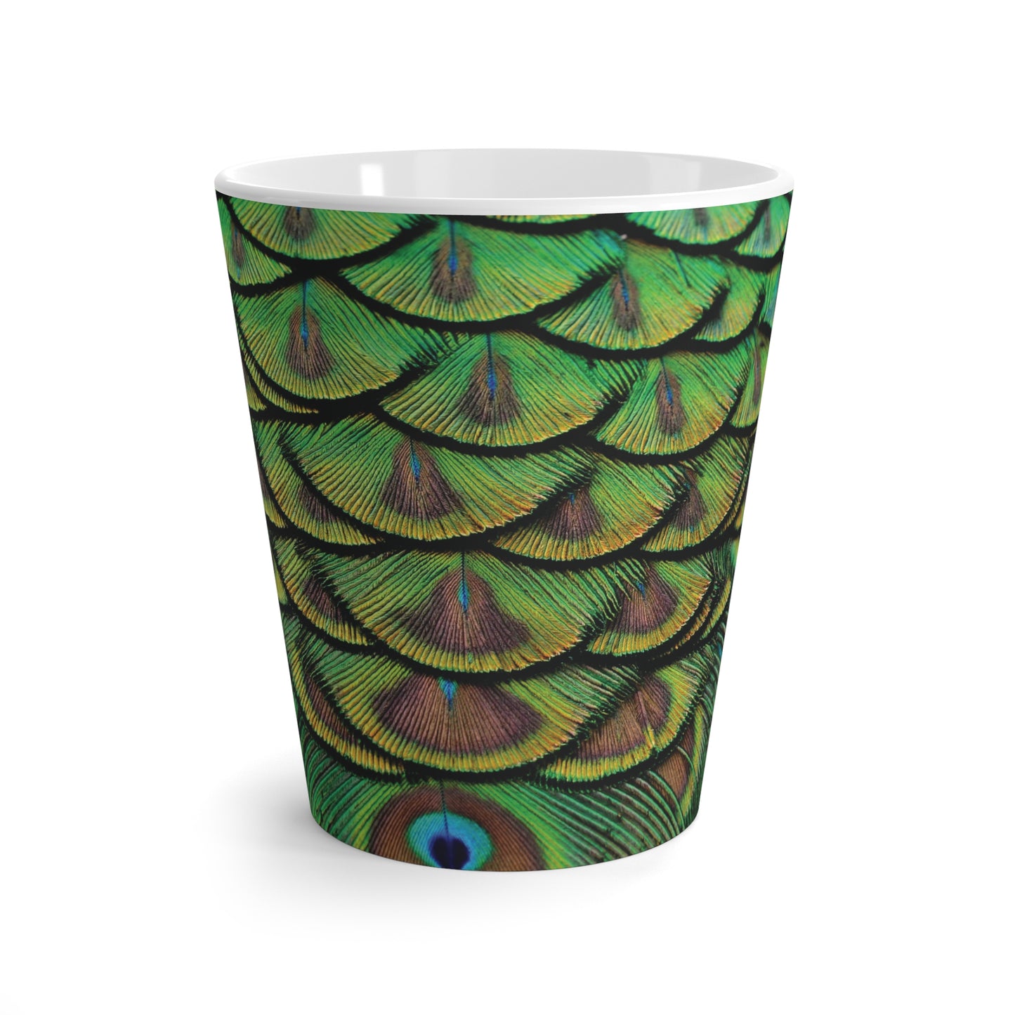 Latte White Mug - Perfect for Coffee Enthusiasts / Brilliant Green Peacock Feathers