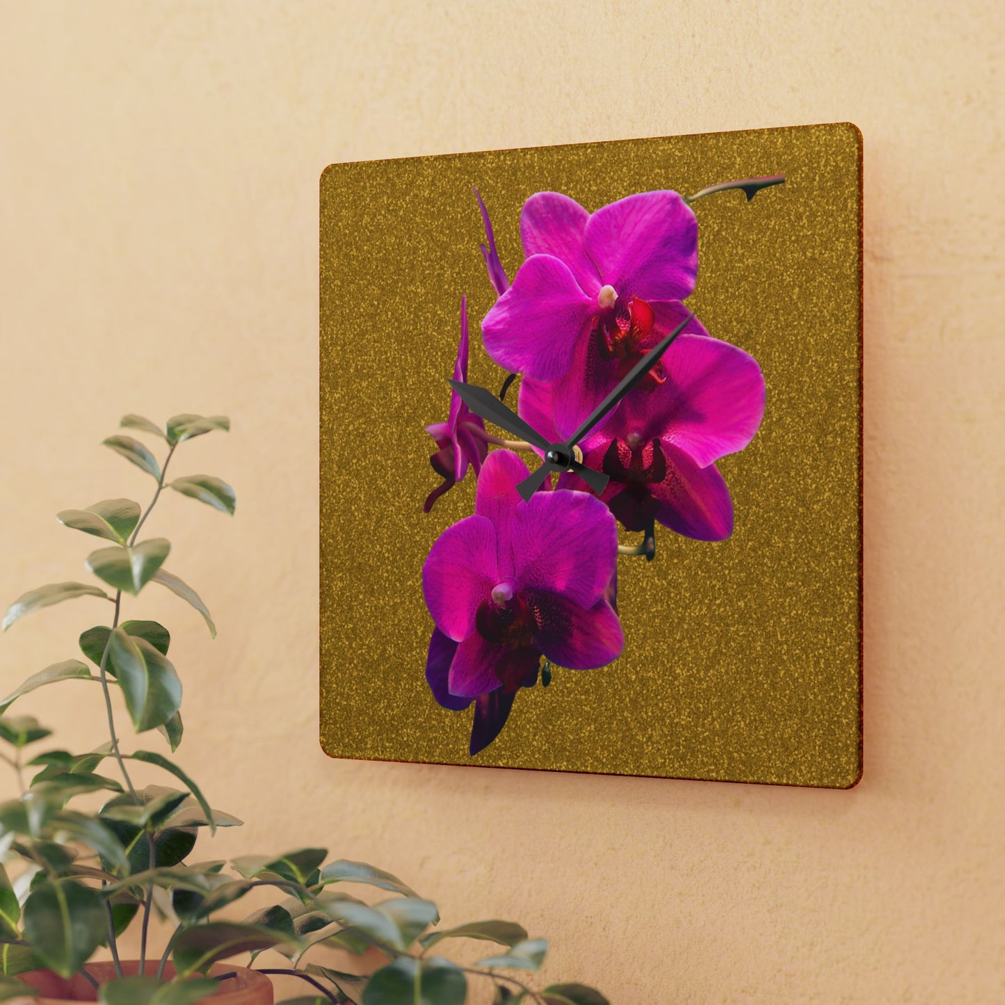 Acrylic Wall Clock - Purple Orchids/Gold, Various Sizes