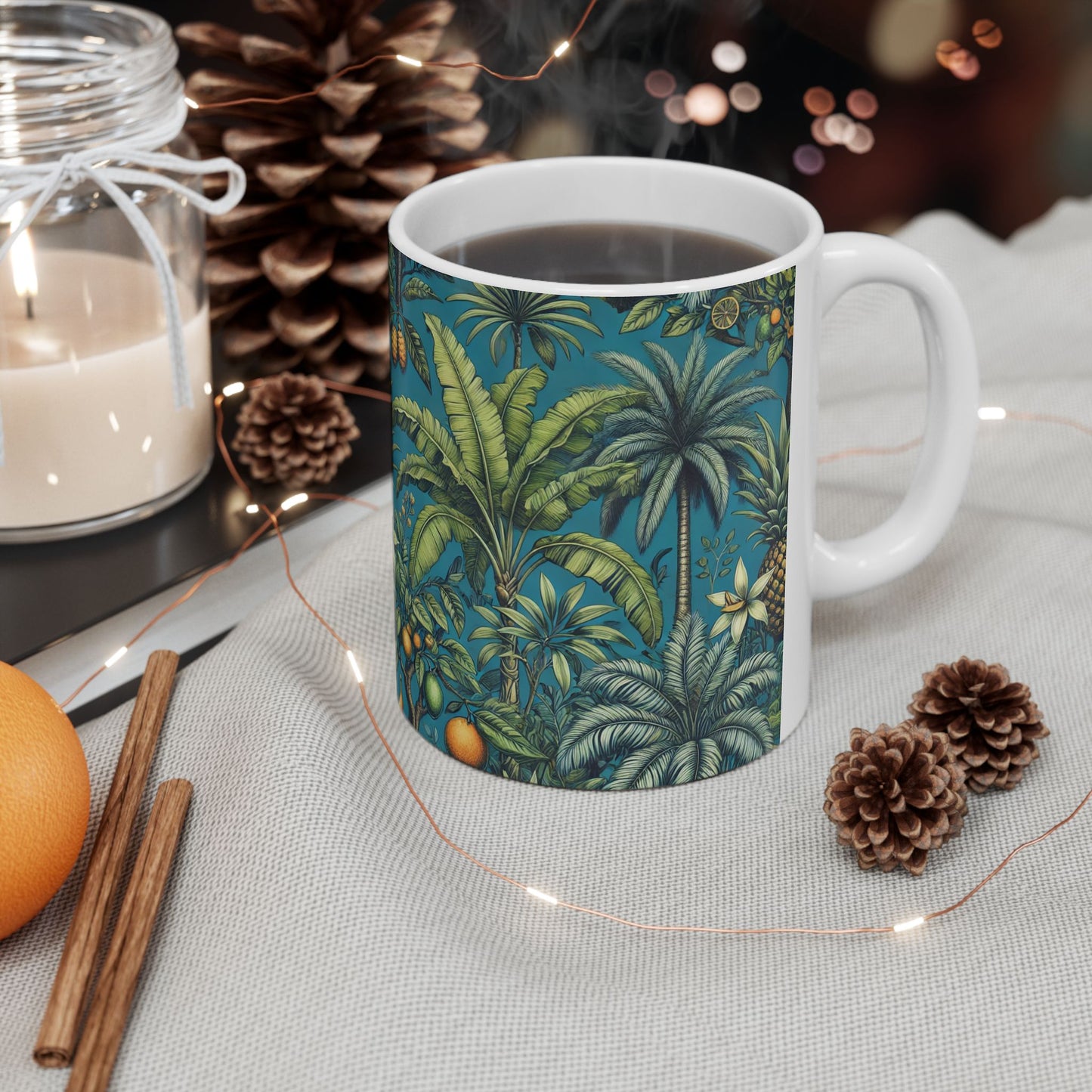Ceramic White Mug - 11oz & 15oz, Tropical Fruit Blue