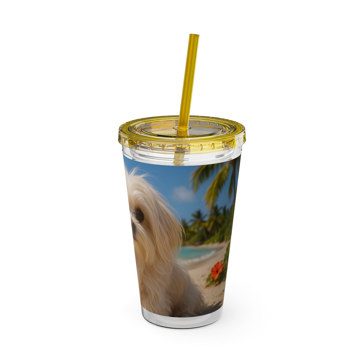 Tropical Tumbler with Straw | 16oz Colorful Travel Cup / Puppy Ariel at the Beach