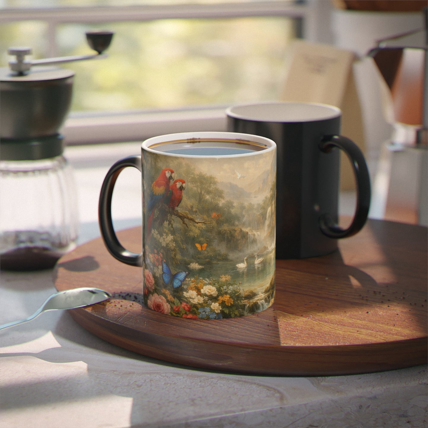 Heat-Activated Coffee Mug — Vintage Rainforest Waterfall Scene