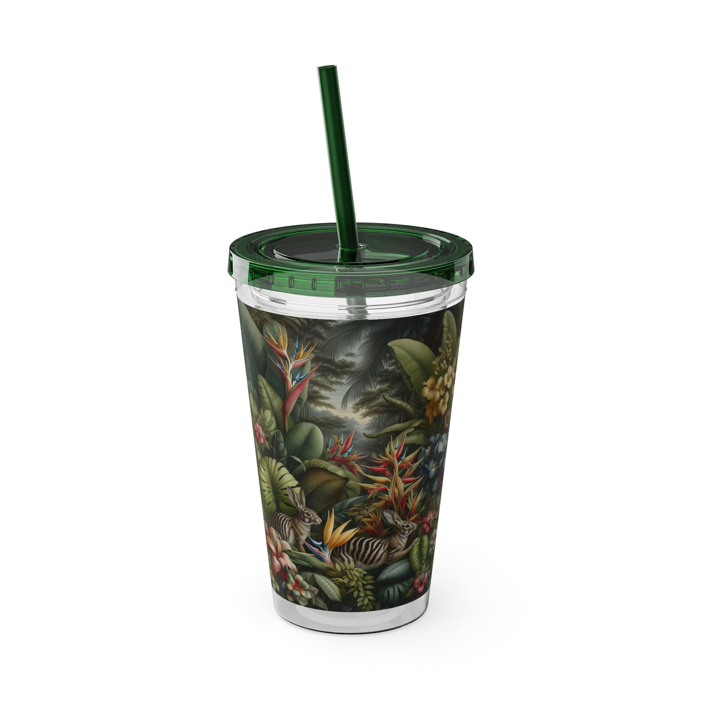 Tropical Tumbler with Straw | 16oz Colorful Travel Cup / Rainforest Rabbit Outing