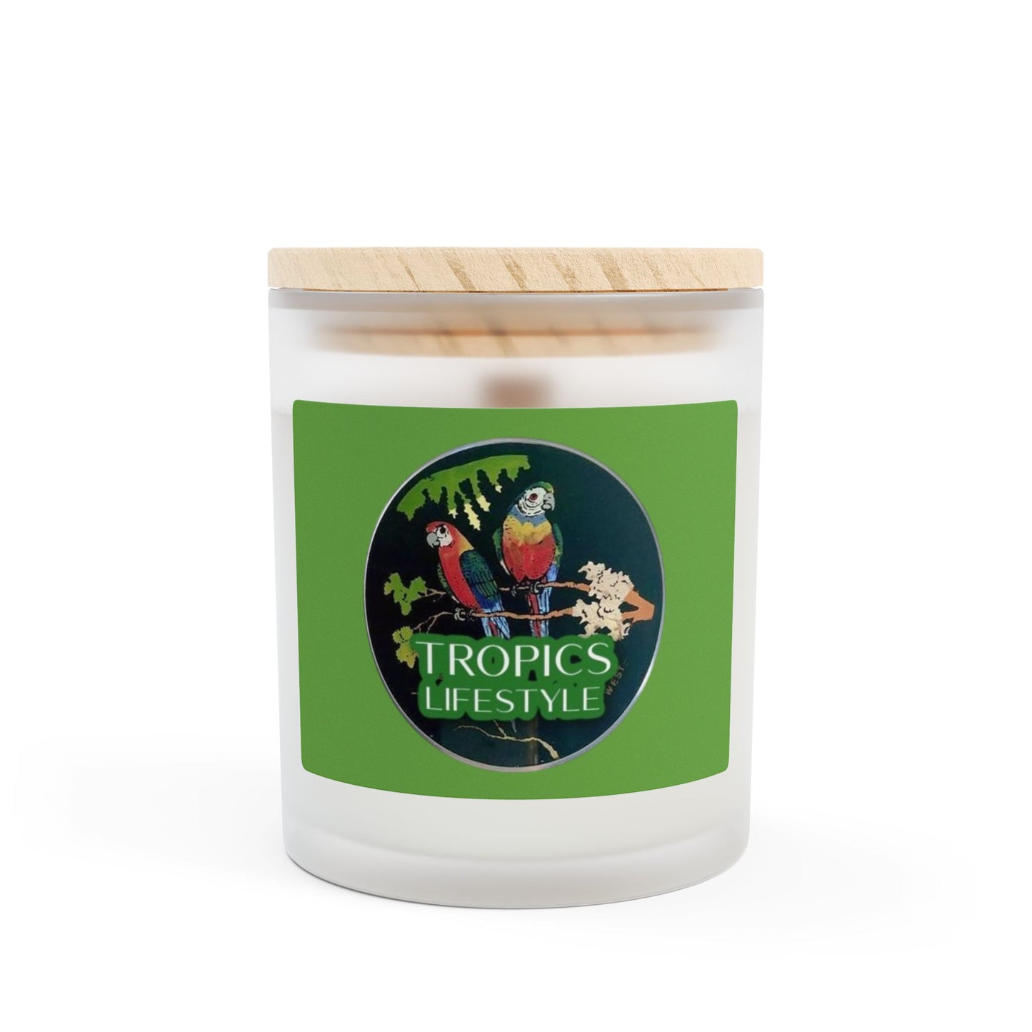 Frosted Glass Candle, 11oz - Two Brazilian Parrots, Green