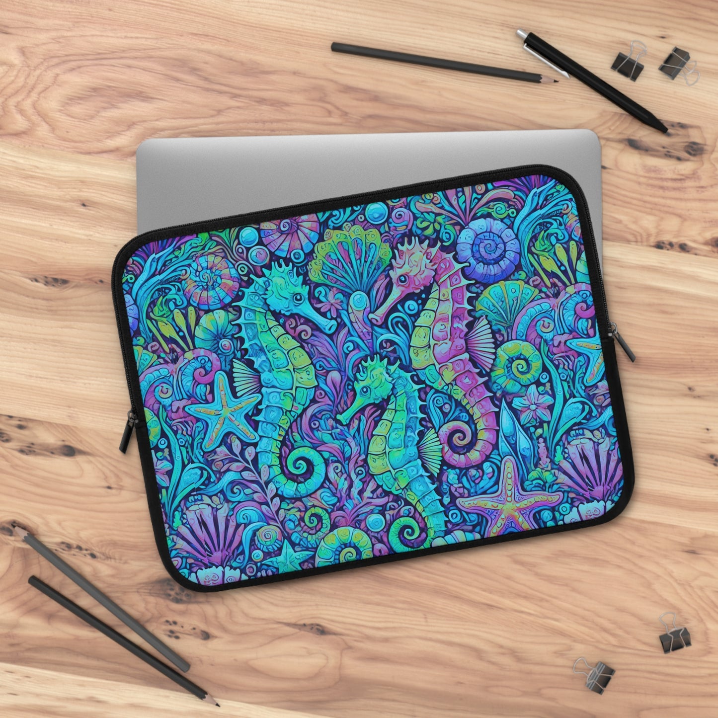 Tropical Laptop Sleeve, 5 Sizes - Perfect for Beach Lovers & Students / Seahorses, Turquoise POP