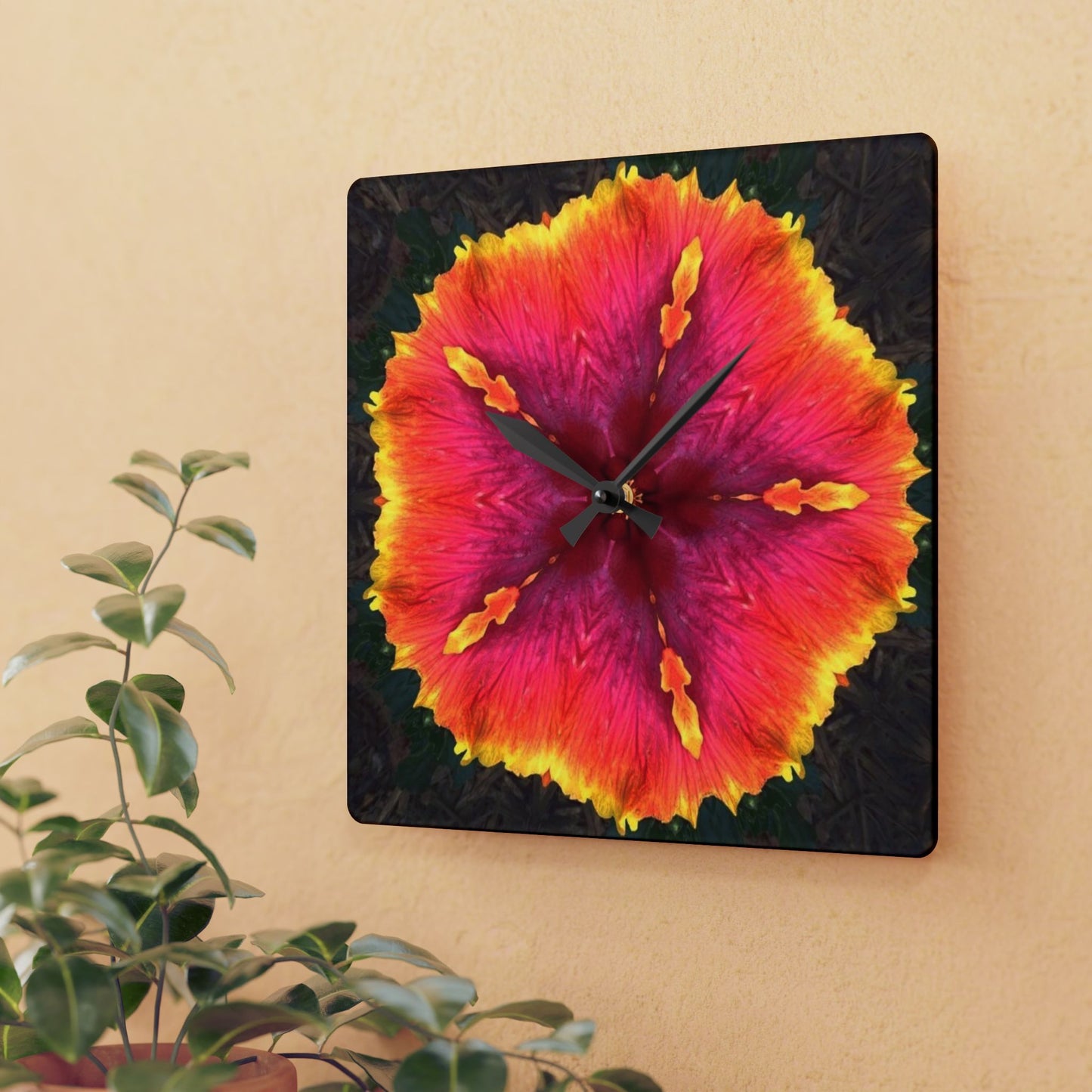 Acrylic Wall Clock - Hibiscus Kaleidoscope #1, Various Sizes