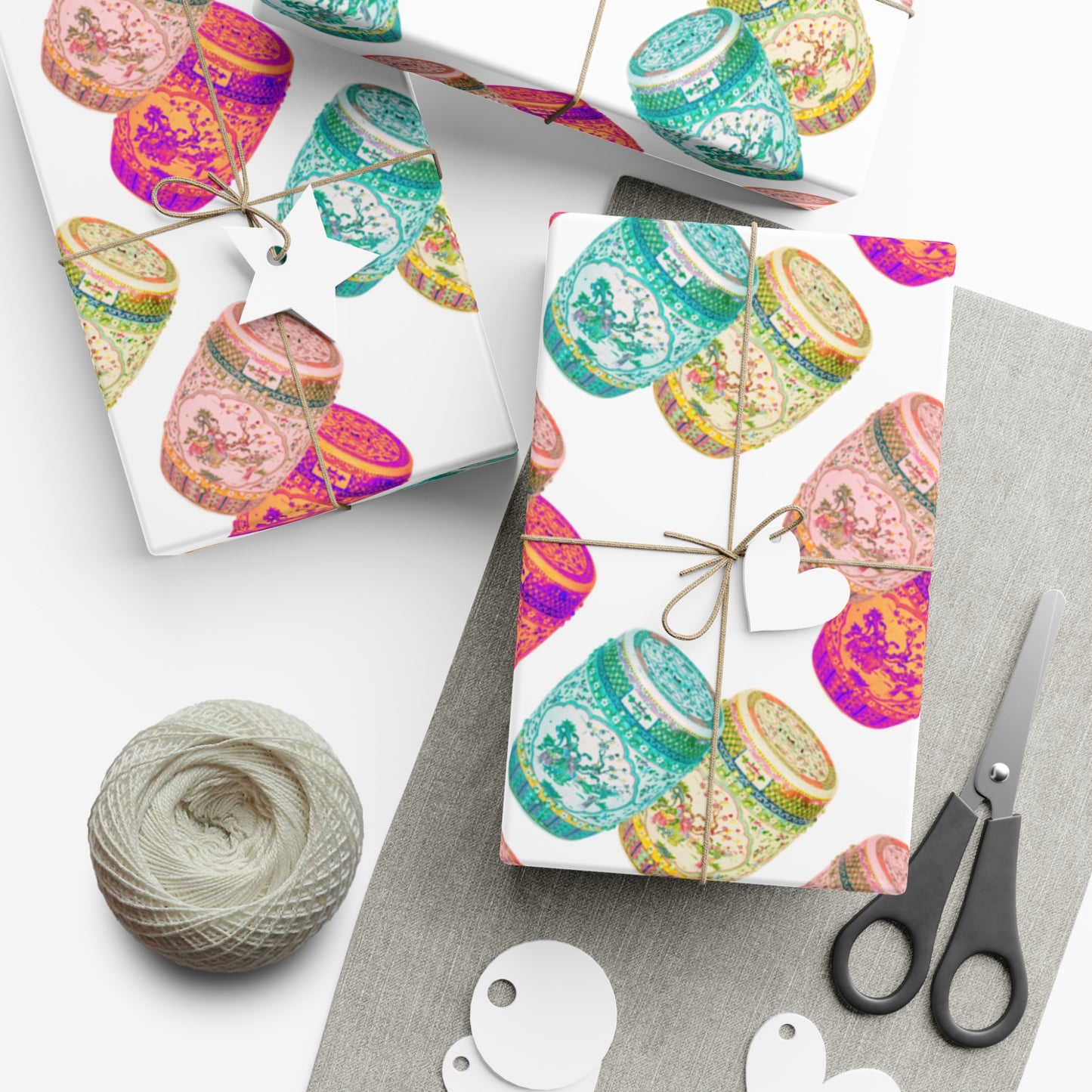 Wrapping Paper - Tropical Gift Wrap for All Occasions / 3 Sizes, 2 Finishes /Pop Art Porcelain Stools, White
