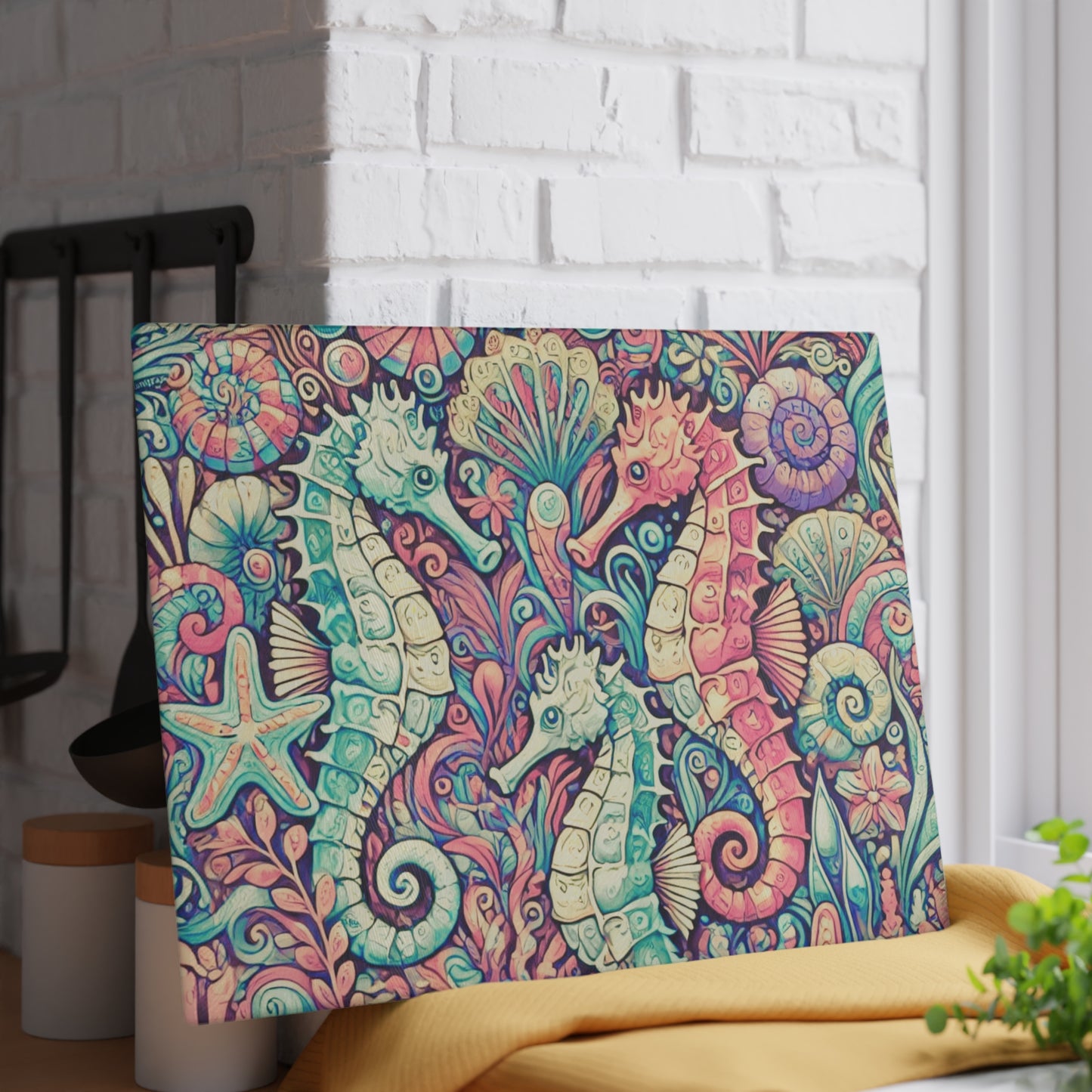 Glass Cutting Board, 2 sizes - Seahorses Retro