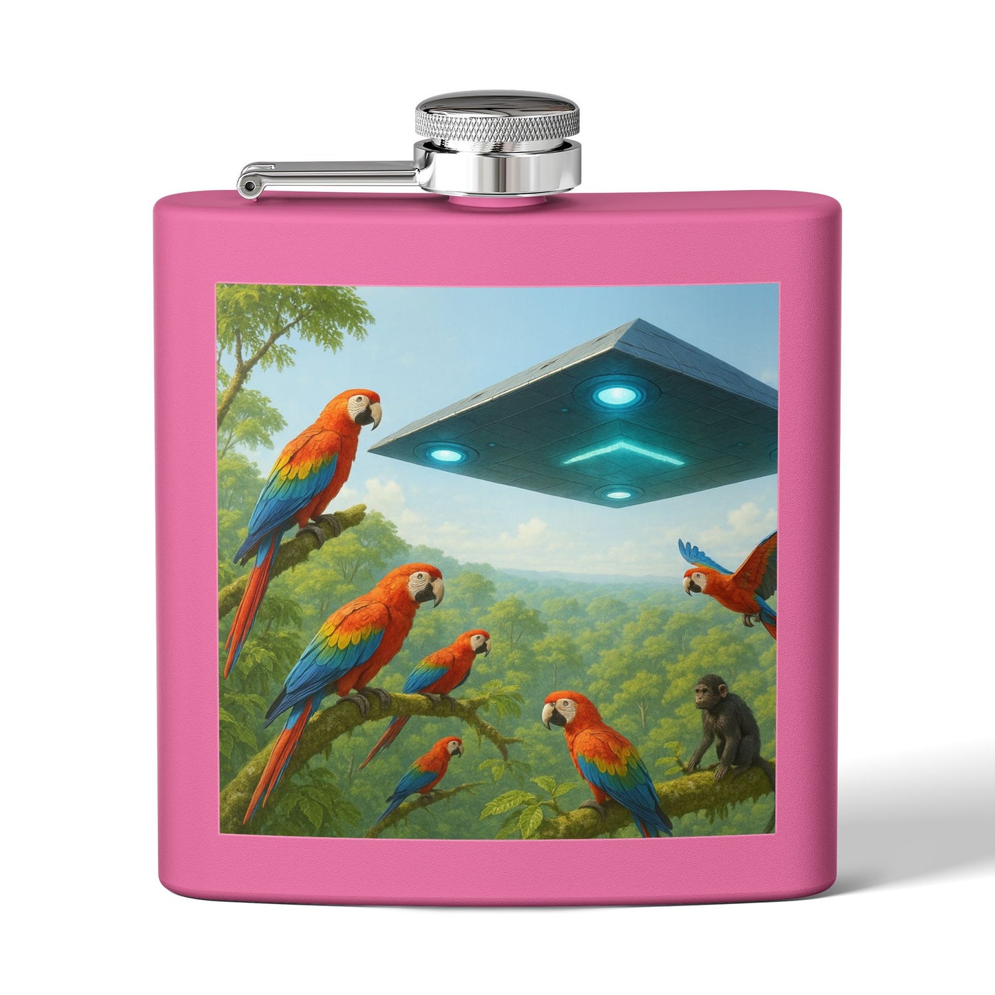 Tropical Stainless Steel 6 oz. Flask, Many Colors  – UFO and Macaws