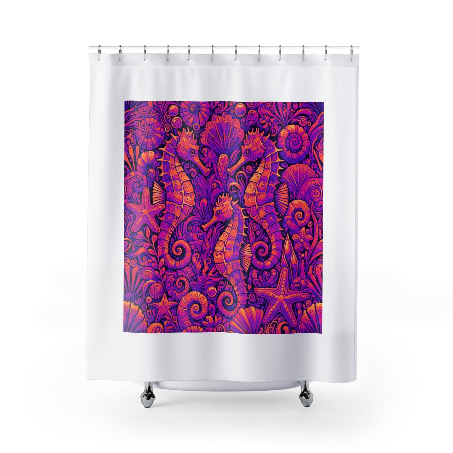 Tropical Shower Curtain - Ocean Bathroom Decor / Seahorse Trio Heatwave/White