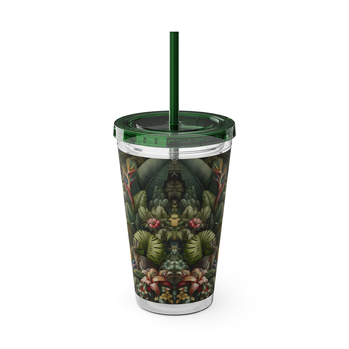 Tropical Tumbler with Straw | 16oz Colorful Travel Cup / Rainforest Rabbit Outing