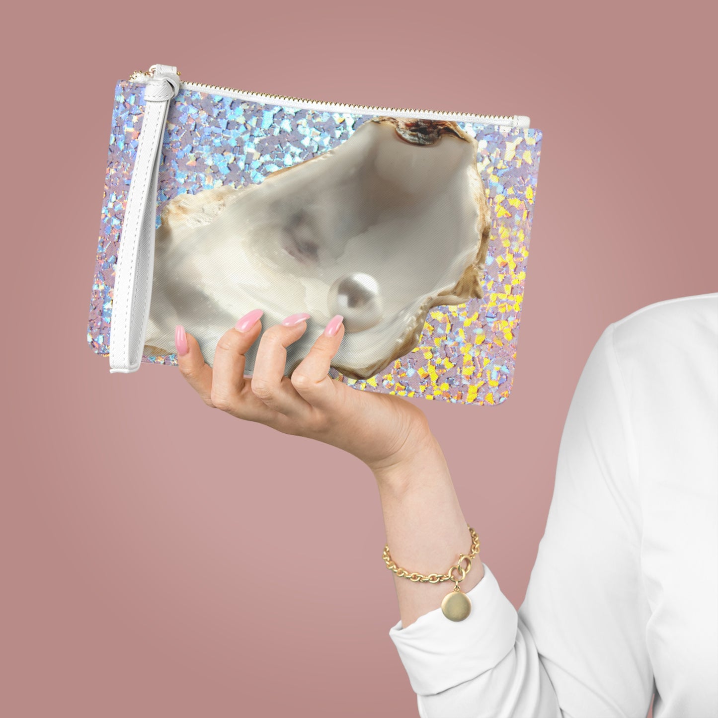 Tropical Faux Leather Clutch Bag - Perfect for Beach Adventures & Summer Vacations / Disco FW White Pearl Oyster