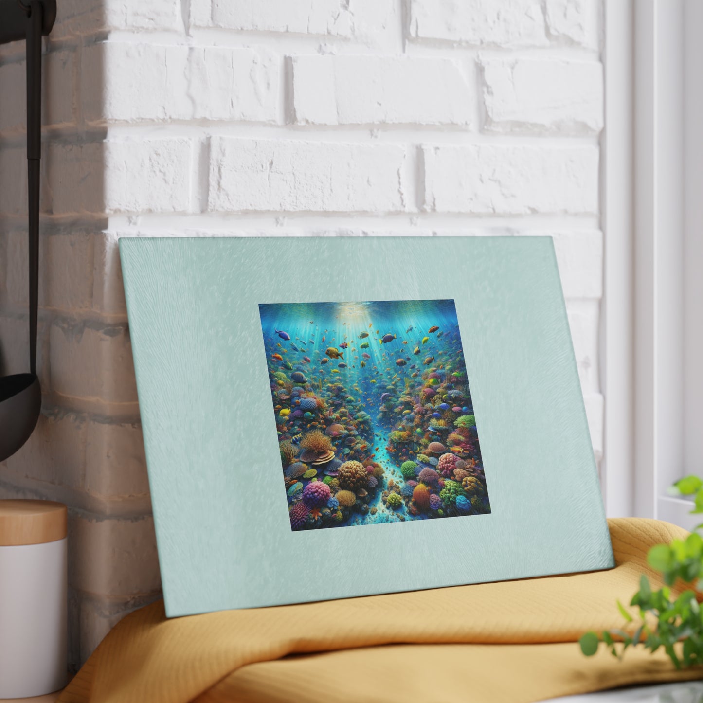 Glass Cutting Board, 2 sizes - Busy Coral Reef/White