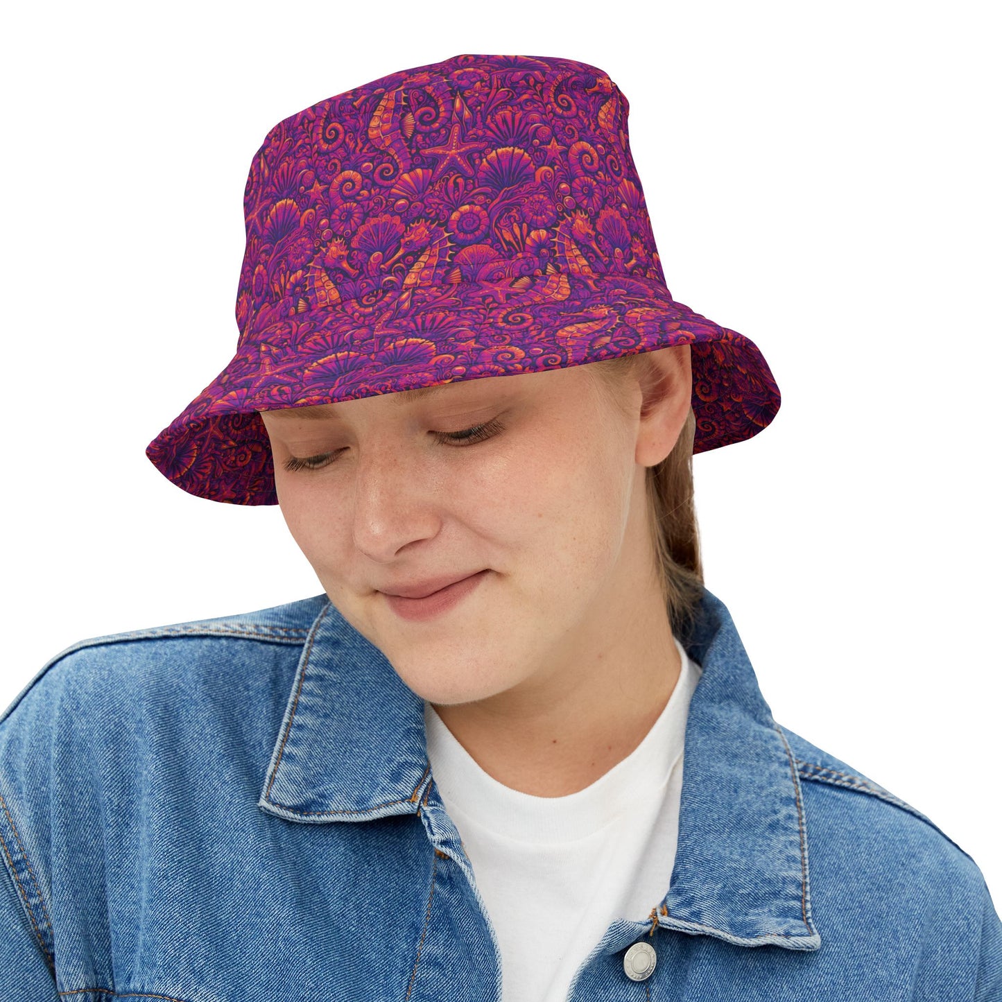 Tropical Polyester Bucket Hat, 2 Sizes - Seahorses Hot Pink