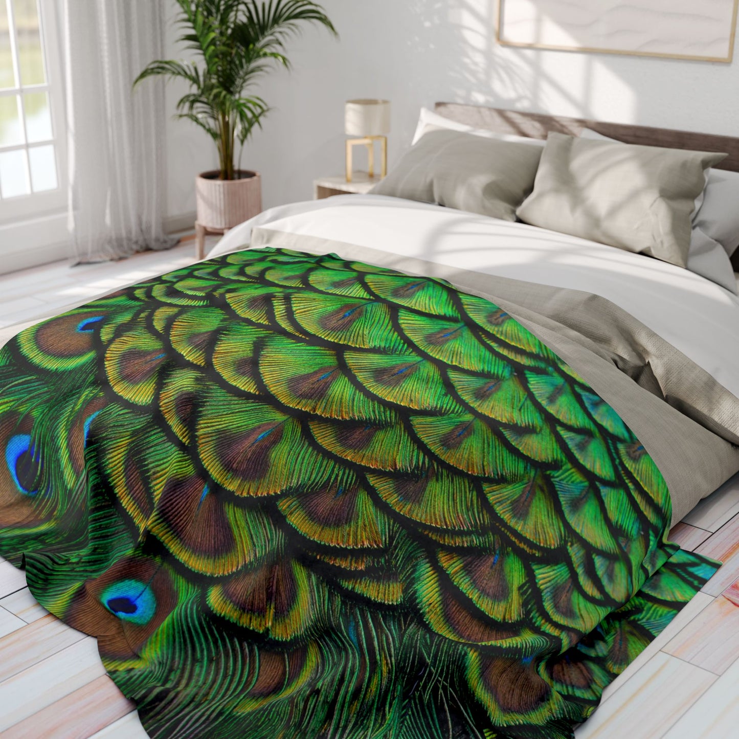 Green Peacock Feathers Fleece Blanket - Colorful Tropical Design, 3 Sizes