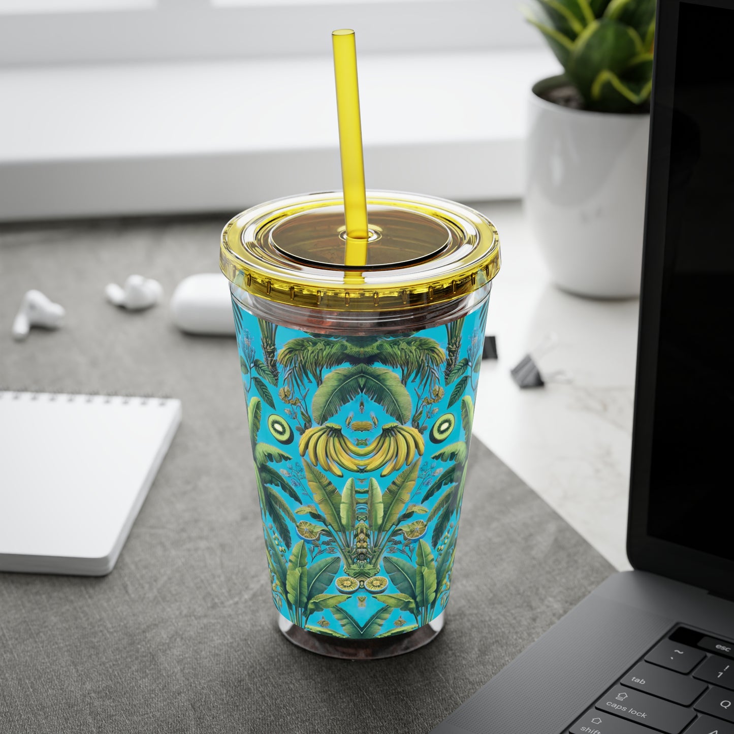 Tropical Tumbler with Straw | 16oz Colorful Travel Cup / More Tropical Fruit, Aqua Blue