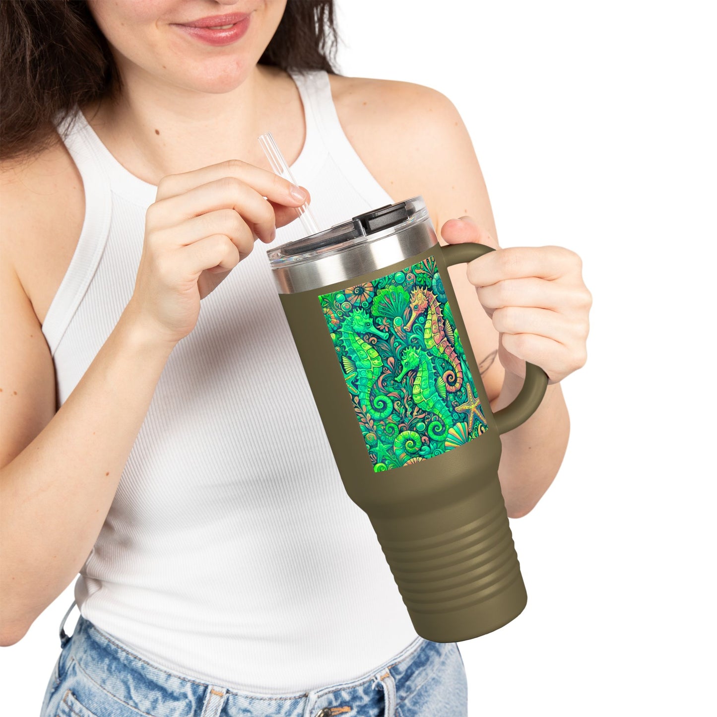 Seahorses Lime Insulated Travel Mug - 40oz - Perfect for Outdoor Adventures