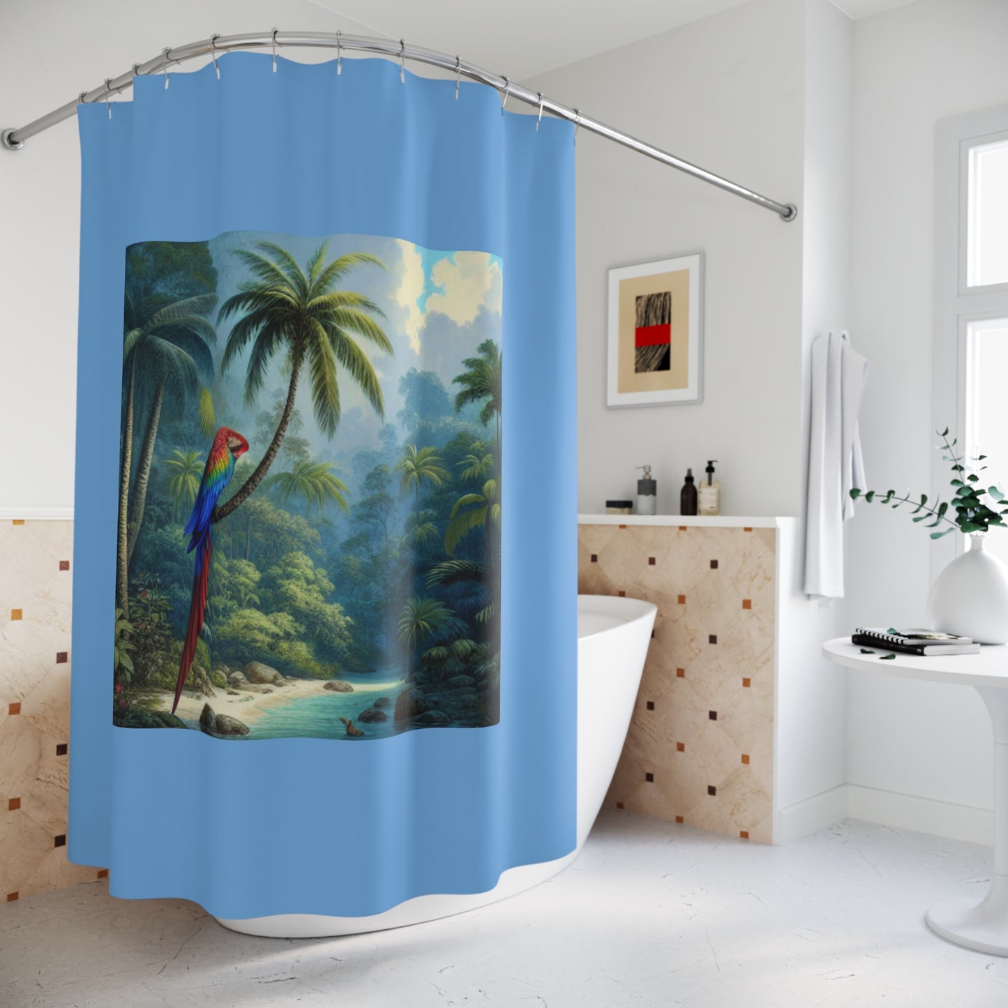 Tropical Shower Curtain - Rainforest Bathroom Decor / Sleeping Beauty Parrot, Lt. Blue