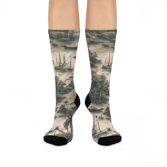 Cushioned Crew Socks - Tropical Toile, Black