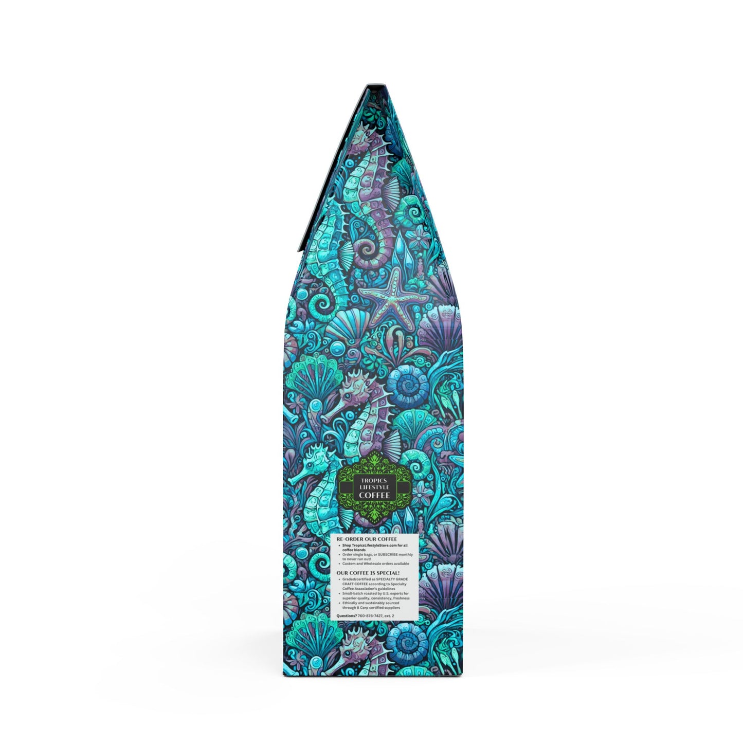 Black Coral Blend™ (Dark French Roast) Specialty Grade Craft Coffee / Seahorse Trio, Turquoise Pop