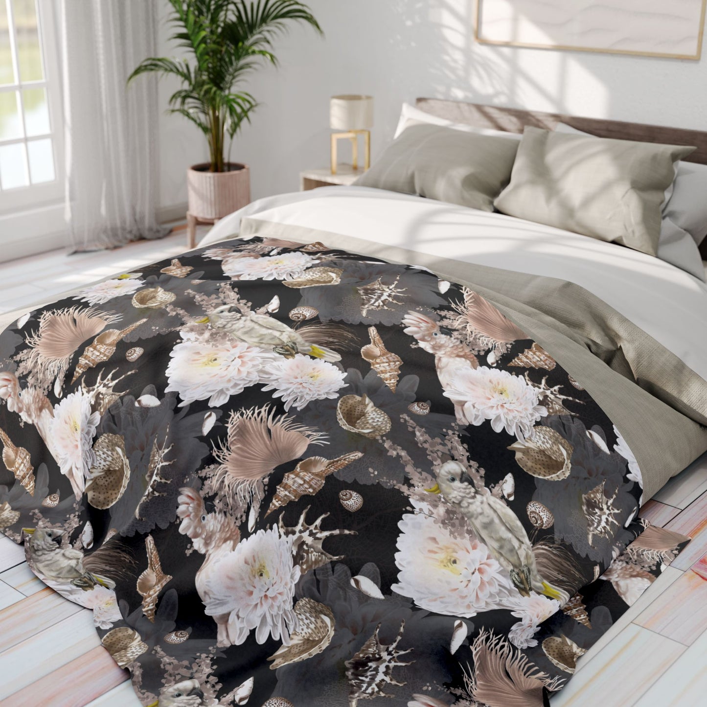 Parrots, Flowers and Seashells Fleece Blanket - Neutrals Tropical Design