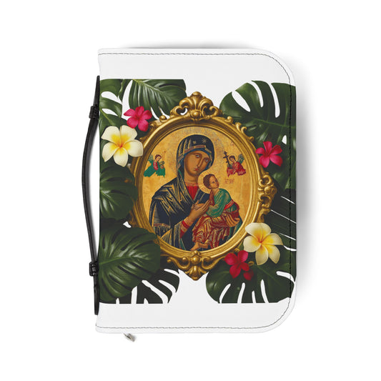 Tropical Bible Cover, Our Lady of Perpetual Help, White / Floral Bible Protector, Christian Church Accessories