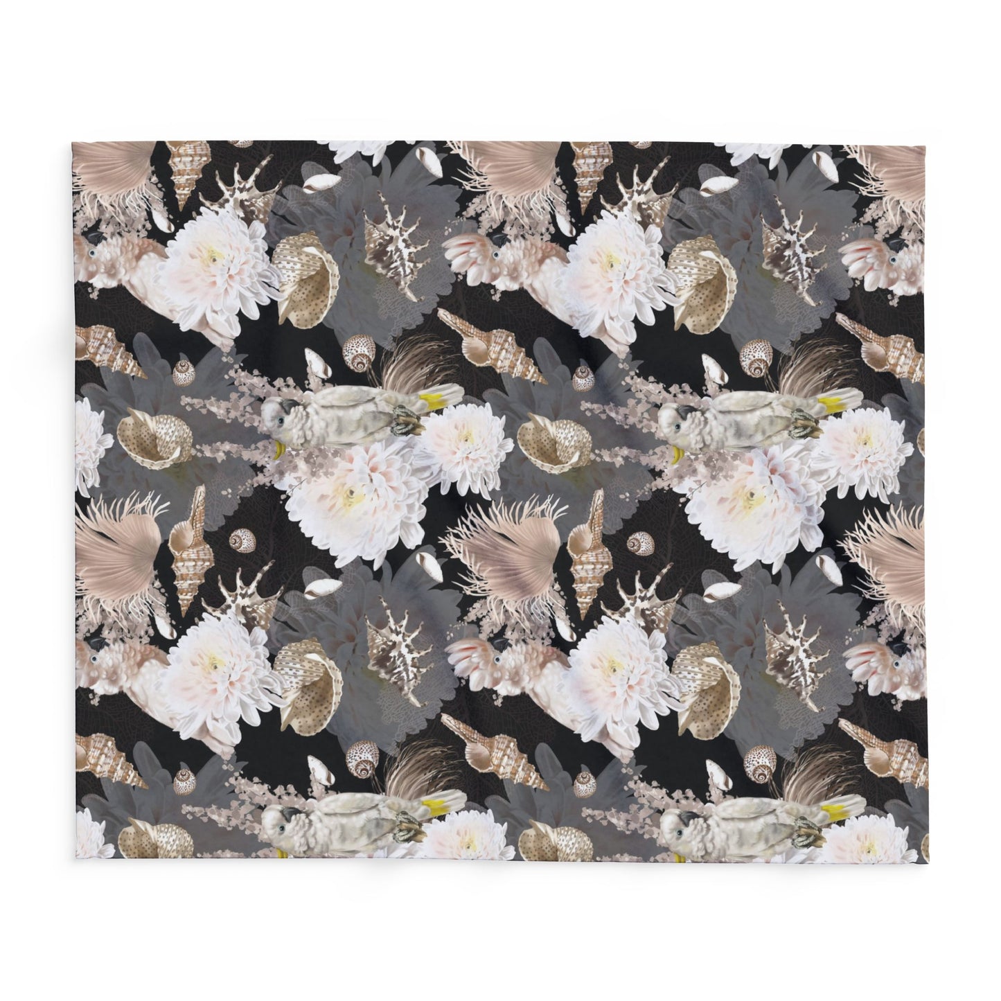 Parrots, Flowers and Seashells Fleece Blanket - Neutrals Tropical Design