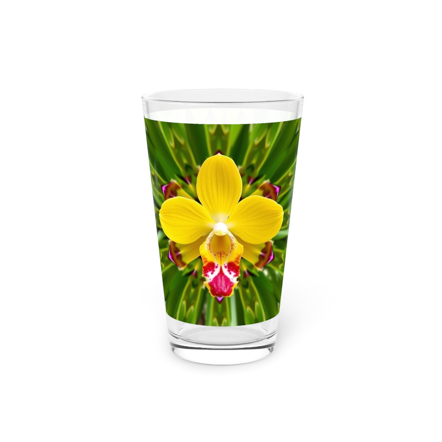 Pint Glass, 16oz, Yellow Orchid Kaleidoscope