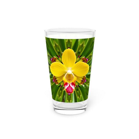 Pint Glass, 16oz, Yellow Orchid Kaleidoscope