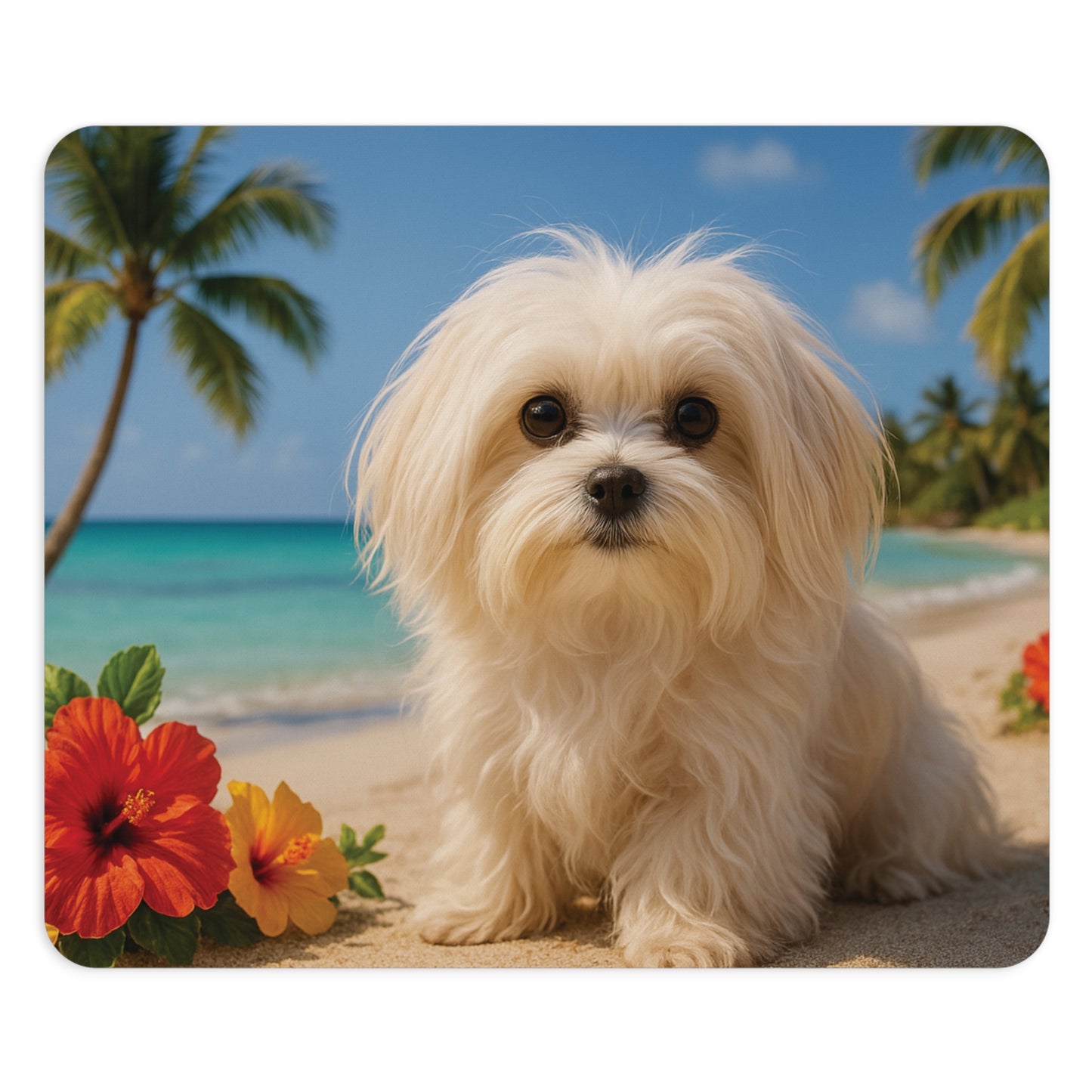 Tropical Mouse Pad, 2 Shapes - Fun Vibes for Home Office & Gamer / Puppy Ariel on the Beach