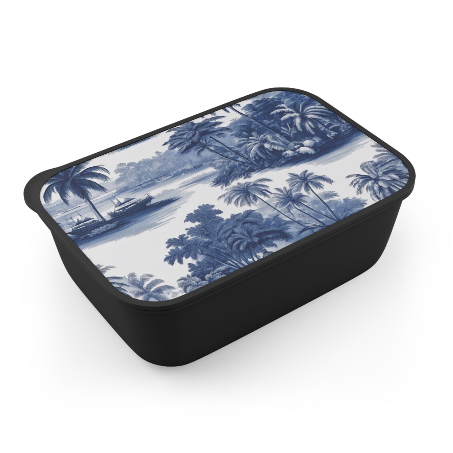 Bento Box with Utensils - Tropical Travel Toile Blue