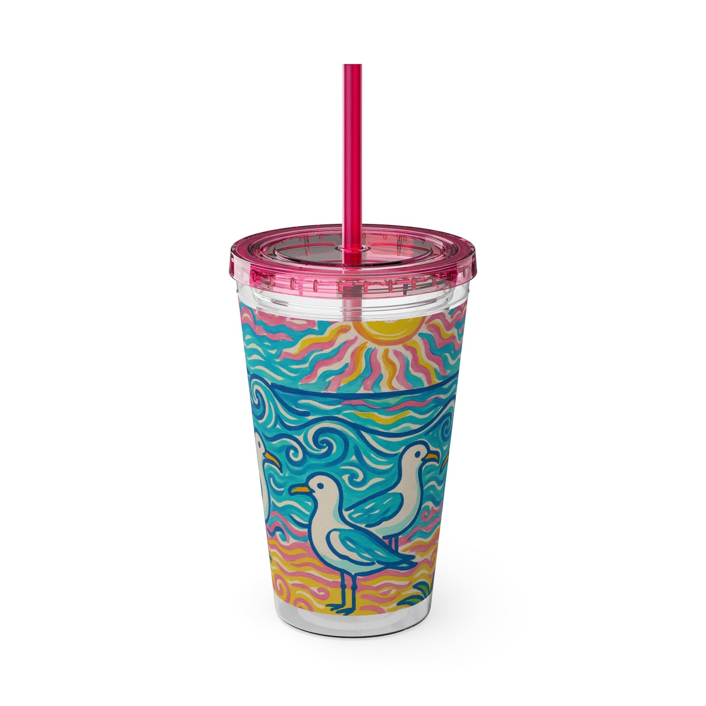 Tropical Tumbler with Straw | 16oz Colorful Travel Cup / Tropical Beach Seagulls