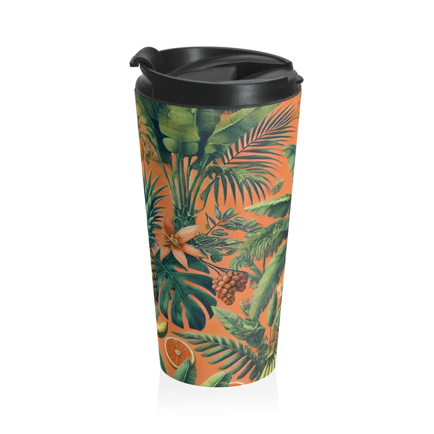15 oz. Stainless Steel Travel Mug / Palms & Tropical Fruit, Orange