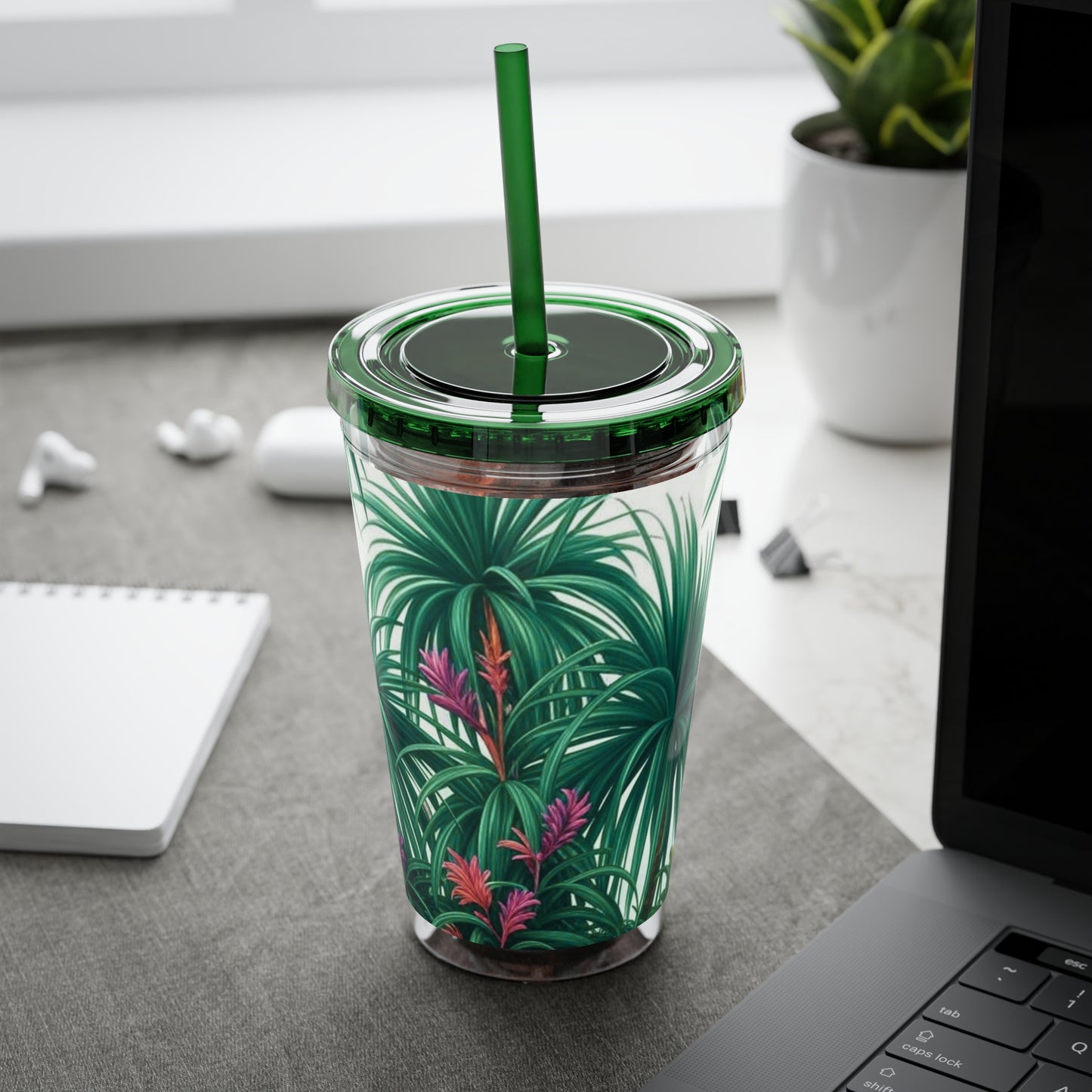 Tropical Tumbler with Straw | 16oz Colorful Travel Cup / Tiny Palm Island