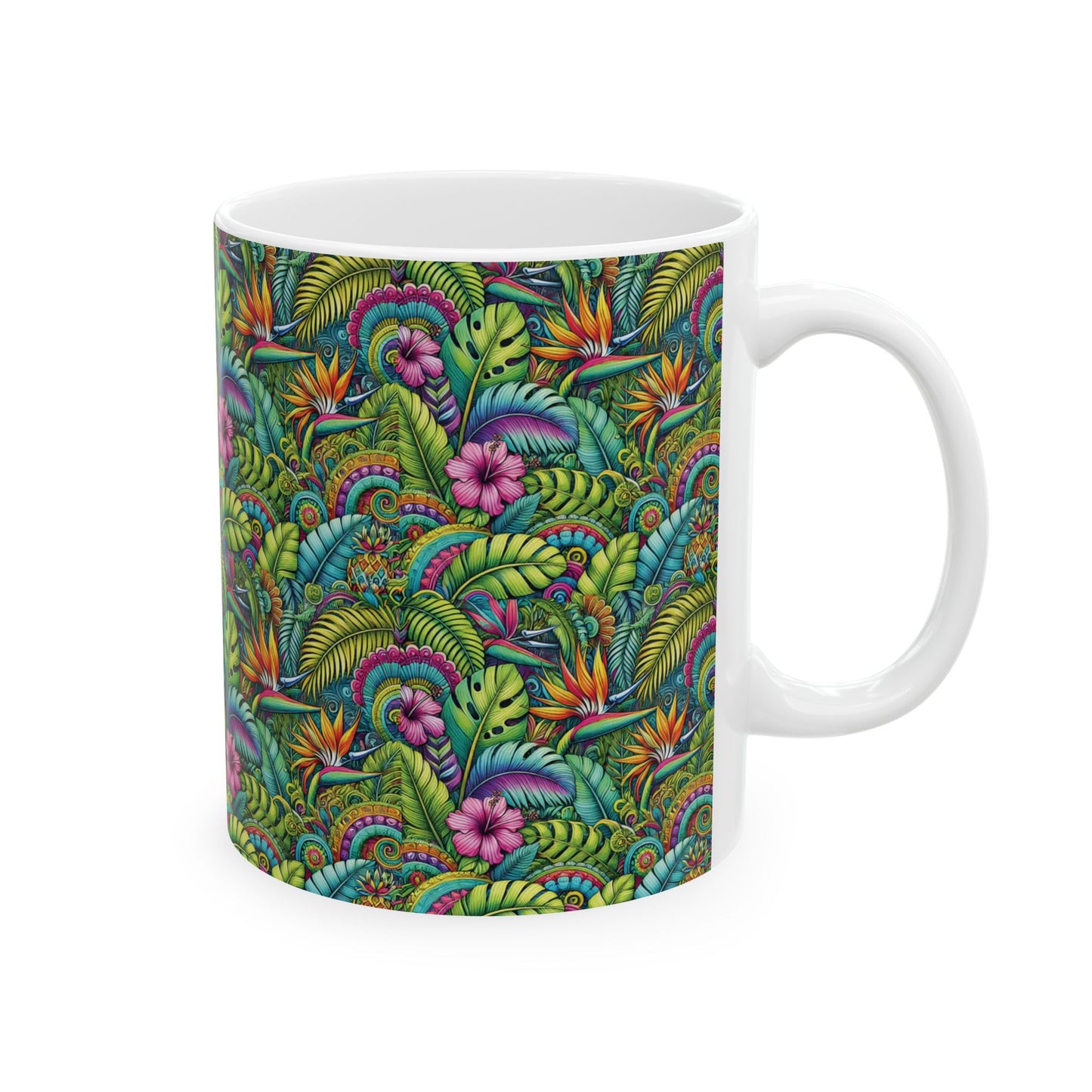 Ceramic White Mug - 11oz & 15oz, Rainforest Blooms
