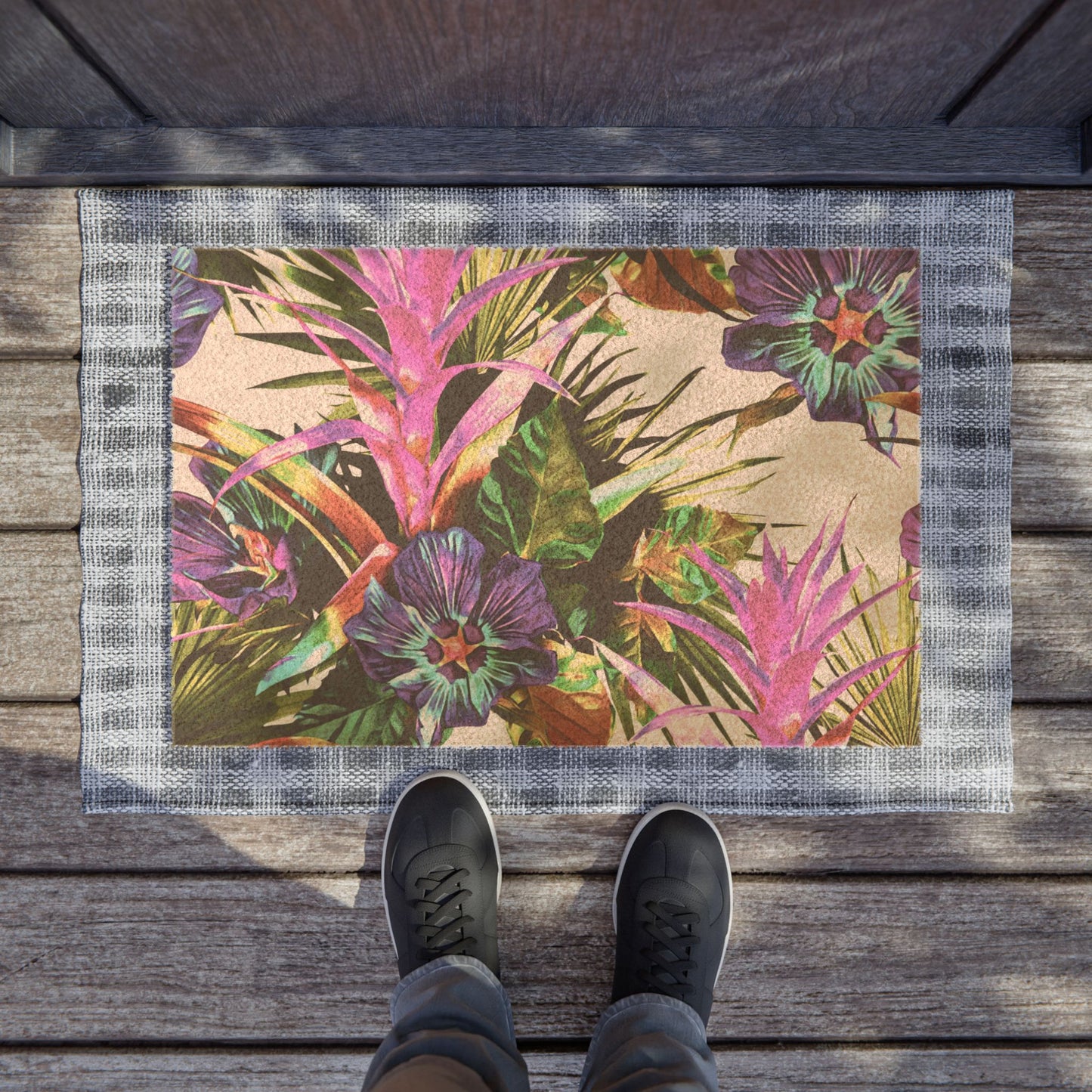 Botanical Floral Doormat / Vibrant Coconut Fiber Entrance Mat / Plant-Palooza, white