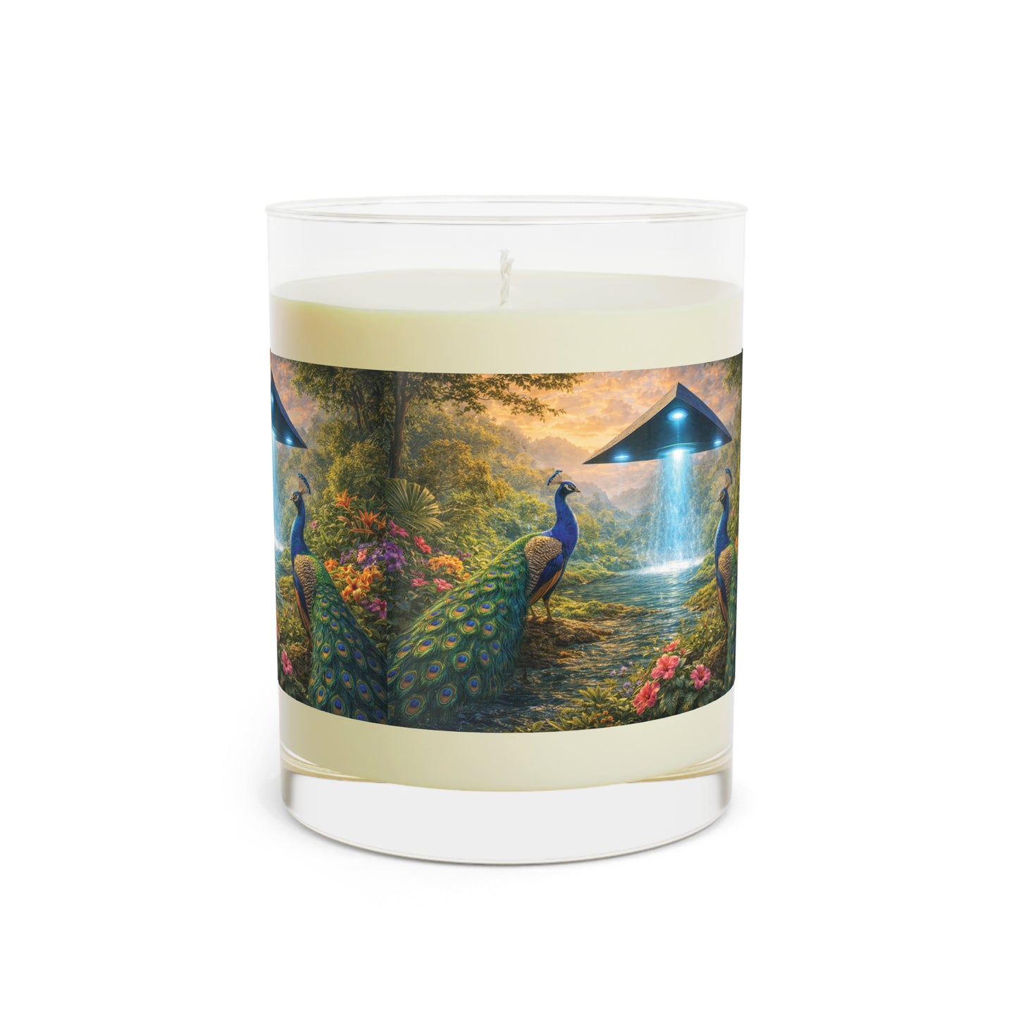 UFOs & Peacocks Scented Candle - 11oz Full Glass, Tropical Decor